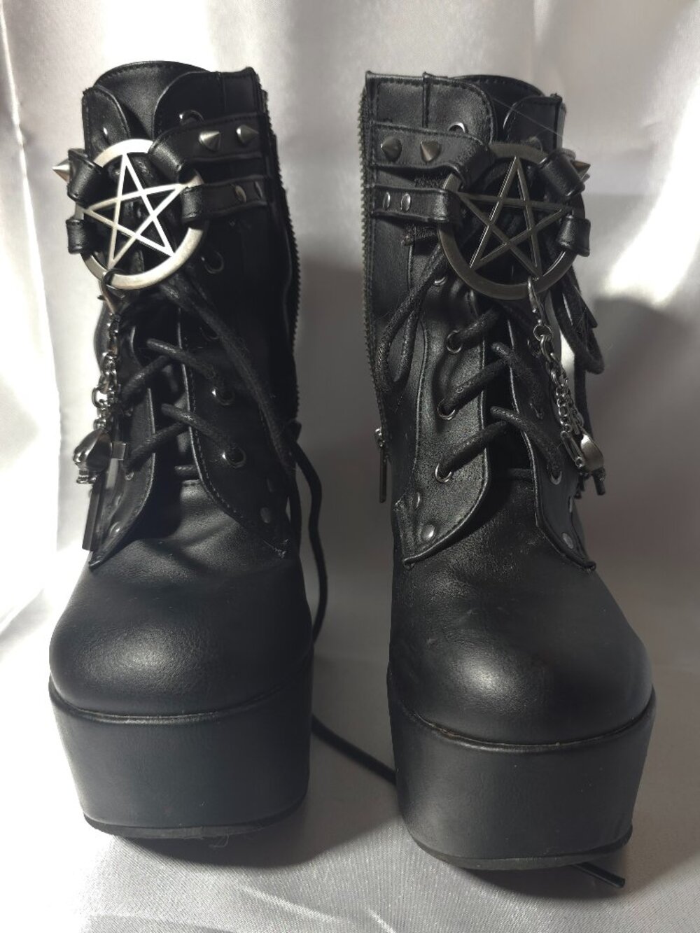 Demonia Poison-101 Black Studded Pentagram Platform Wedge Boots Women's 7 NIB